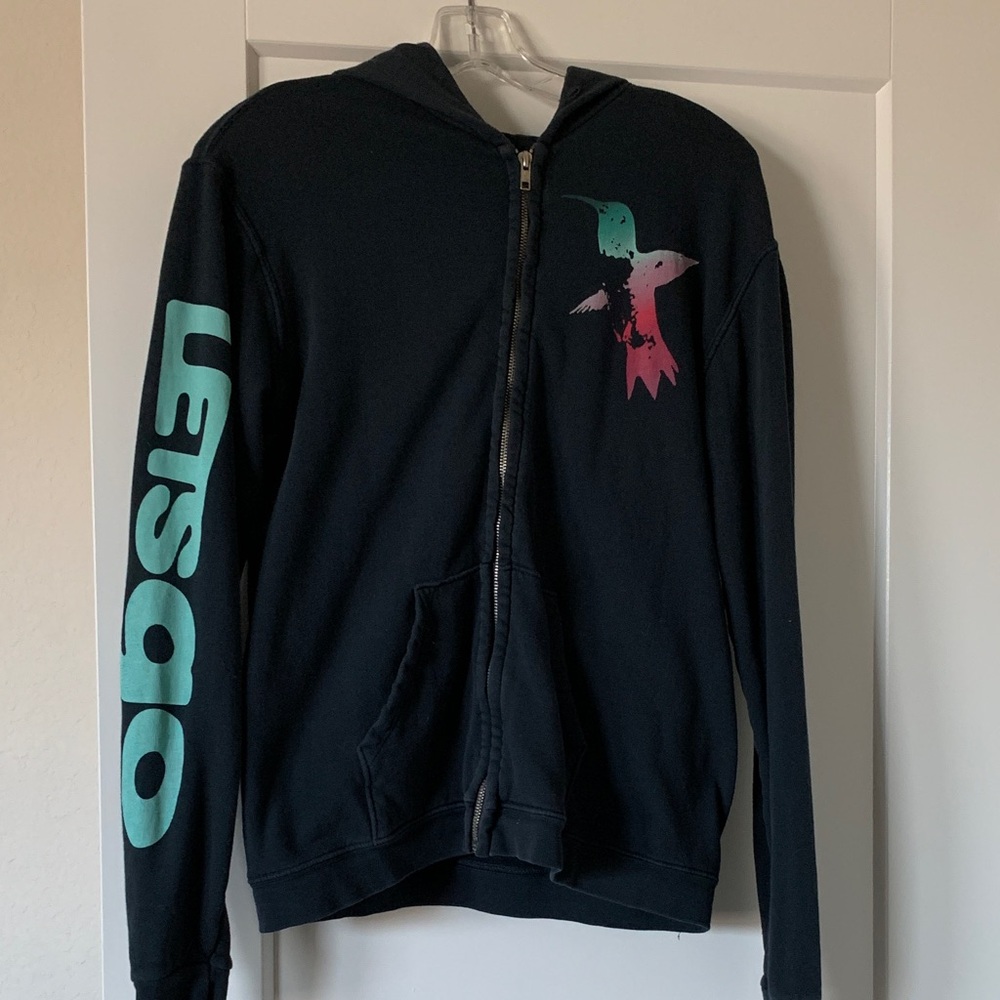 Black Zip-Up Hoodie with Graphic Design